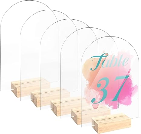 730 HOUSE - Acrylic Arch Table Signs with Wooden Base, Clear Design for Weddings, Banquets, or Event Table Numbers.