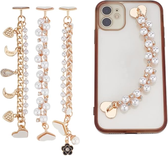 730 HOUSE - Fashion Pearl Phone Strap Charm Set of 3 Stylish Pearl Phone Chain Multi-Purpose Phone Case Strap Decoration, Compatible with Most Phone Cases, Metal and Pearl Design.