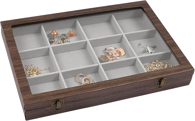 730 HOUSE - Wooden Jewelry Display Box with Glass Lid | Multi-Compartment Organizer for Earrings, Rings, Necklaces, and Accessories