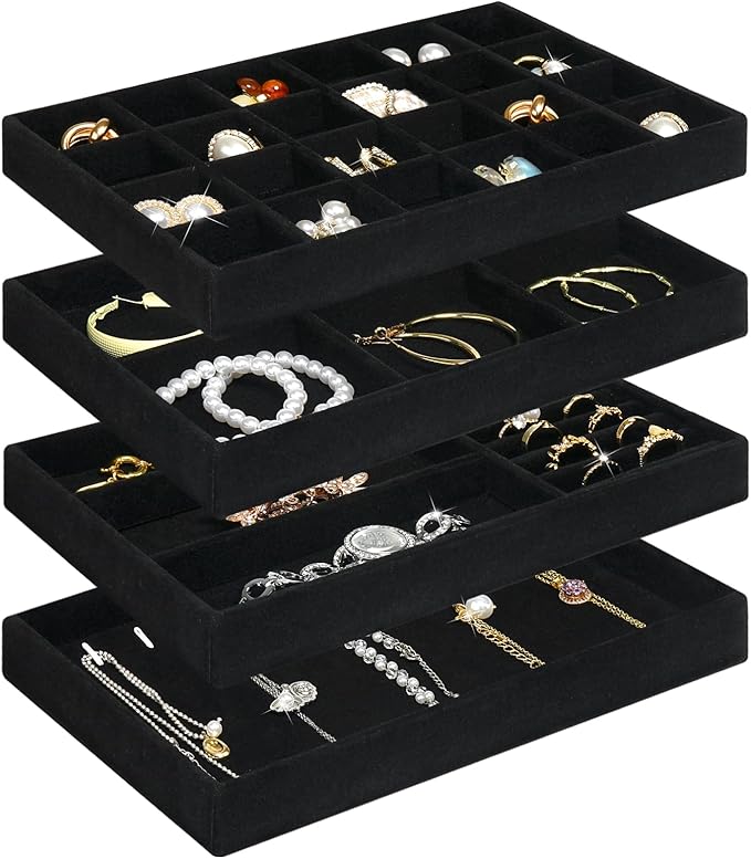 730 HOUSE - 4-Piece Black Velvet Jewelry Tray Set Multi-Layer Velvet Jewelry Display Tray | Stackable Organizer for Rings, Necklaces, Bracelets