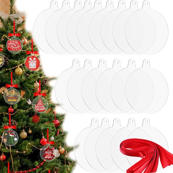 730 HOUSE - 20-Piece DIY Acrylic Christmas Ball Ornaments Set DIY Clear Acrylic Christmas Tree Ornaments, Round Design, with Red Ribbon, Set of 30 for Holiday Décor and Crafts.