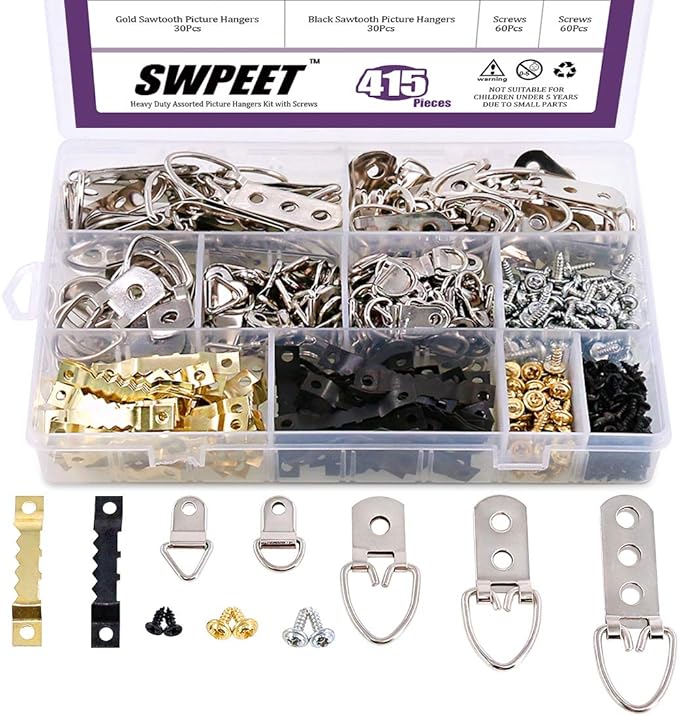 730 HOUSE - SWPEET 415-Piece Heavy-Duty Picture Hanging Kit with Sawtooth Hangers, D-Ring Hooks, and Screws for Frames and Home Décor.