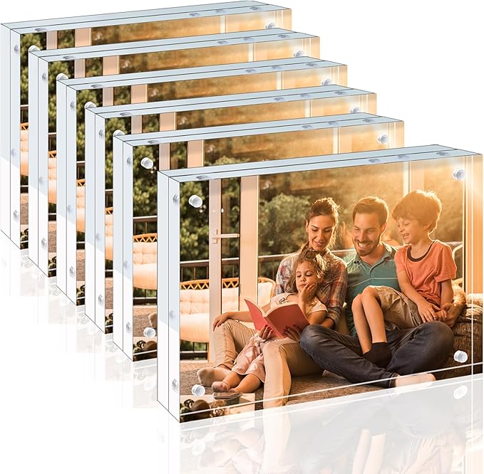 730 HOUSE - 4x6 Acrylic Frames 6 Pack, 20mm Thicker Frameless Clear Picture Frames, Double Sided Magnetic Picture Frames, Free Standing Desktop Display