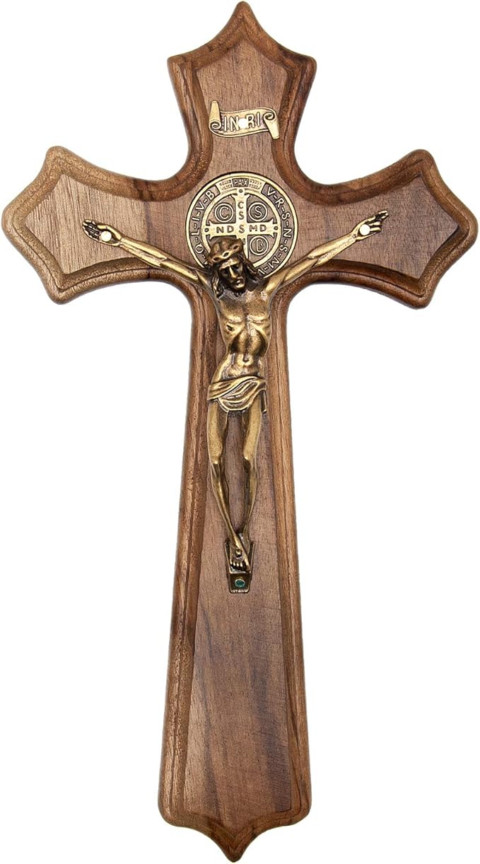 730 HOUSE - Hand-Carved St. Benedict Wall Cross | Wooden Crucifix with Jesus Christ and Medal | Religious Décor and Blessing Gift