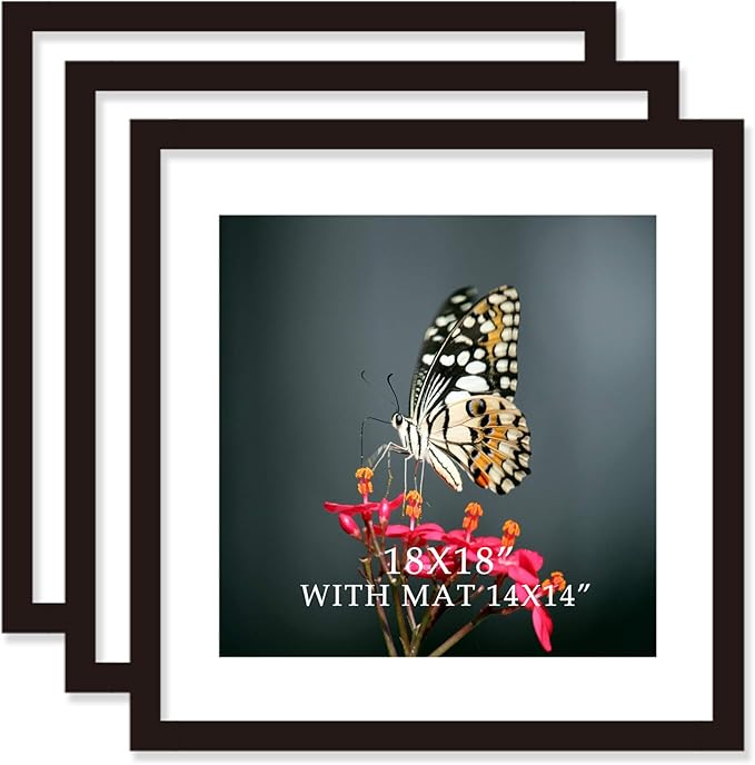 730 HOUSE - Classic Modern 18x18 Square Picture Frame with 14x14 White Mat, Set of 3, Perfect for Home Décor, Artwork, or Photos.