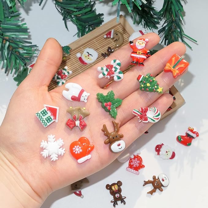 730 HOUSE - 100-Piece Christmas Tree Mini Resin Ornament Set Cute Designs for DIY Crafts, Tree Ornaments, and Holiday Projects.