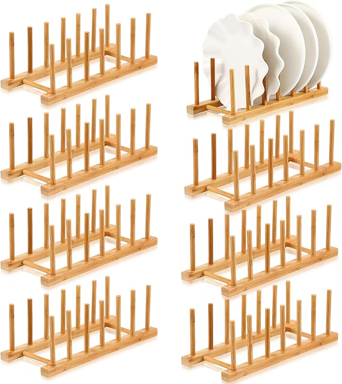 730 HOUSE - Natural Bamboo Plate Rack, Set of 8, Multi-Purpose Dish Drying Rack for Kitchen Storage and Organization, Eco-Friendly and Durable.