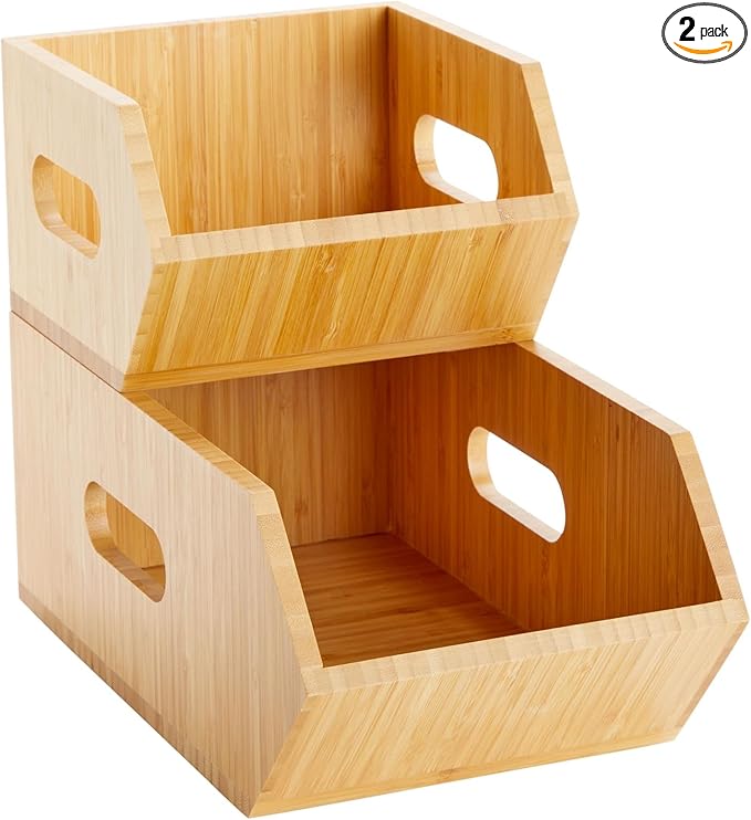 730 HOUSE - Bamboo Stackable Storage Box Set | Multi-Purpose Organizer for Kitchen, Bathroom, and Office (2-Pack)