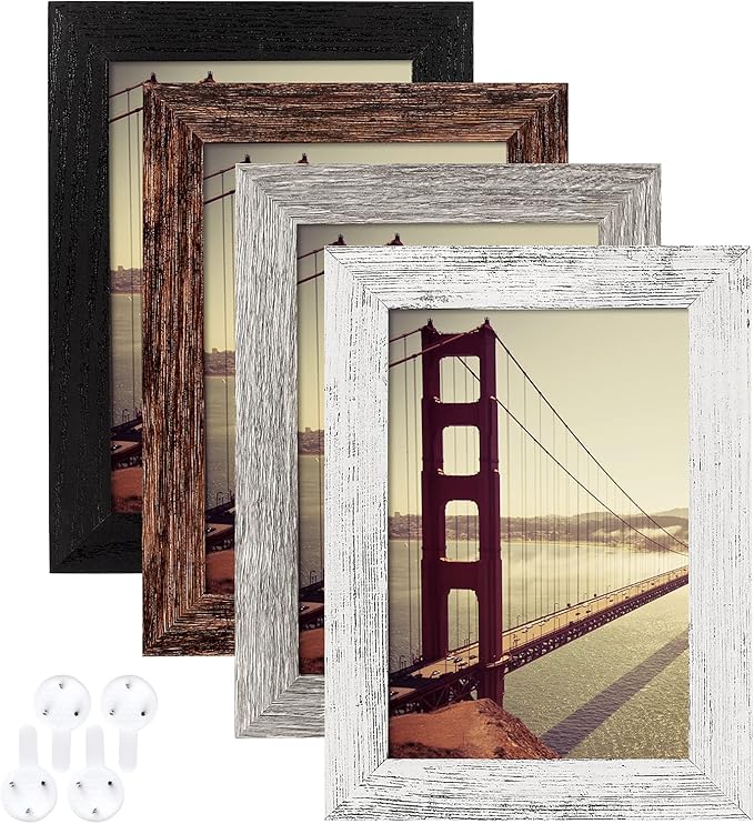 730 HOUSE - 4-Piece Rustic Multi-Color Wood Picture Frame Set Multi-Color (Black, Brown, Gray, White), for Home Décor or Photo Display.