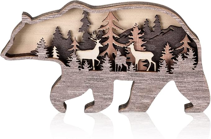 730 HOUSE - Wooden Forest Animal Silhouette Decoration, Bear-Shaped Design, Rustic Home Décor, Themed Ornament.