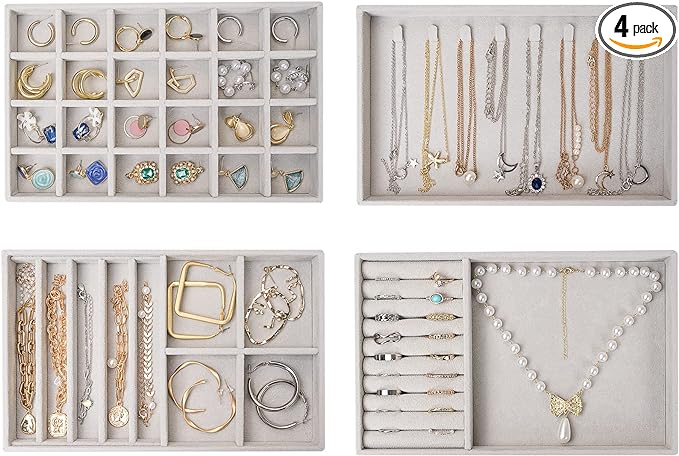 730 HOUSE - Luxury Jewelry Organizer Tray Set | 4-Piece Stackable Jewelry Display Trays (For Rings, Necklaces, Bracelets, Earrings)