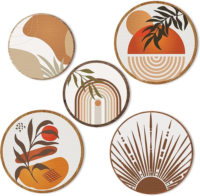 730 HOUSE - Bohemian Round Wooden Wall Hanging Décor, Set of 5, Abstract Art Handmade Design for Living Room, Bedroom, Office, and Home Décor.