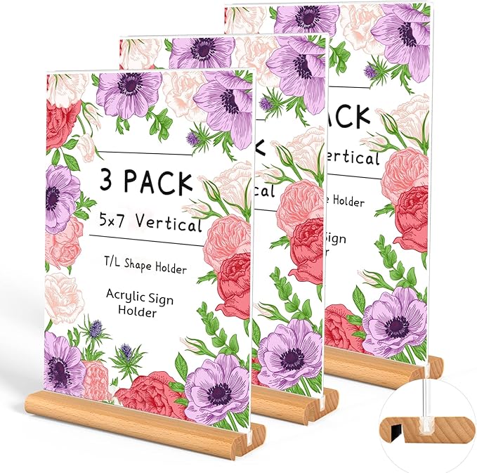 730 HOUSE - 3-Pack 5x7 Inch Vertical Acrylic Sign Holders with Wooden Base, T/L Shape Clear Display Stands for Weddings, Menus, and Events.